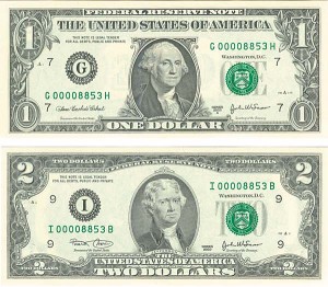 Pair of $1 and $2 notes with Low Matching Serial Number of 8853